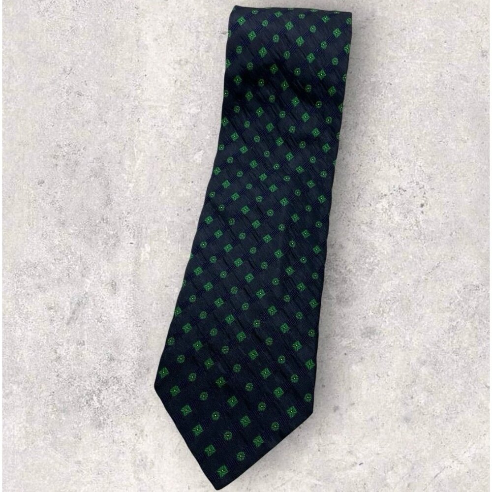 VITALIANO PANCALDI Silk Tie ITALY Navy Green Geometric W:3.8" EUC